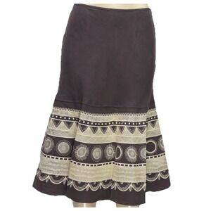 VTG Jones NY Sz 12 Chocolate Brown Lace Linen Embroidered Silk Flare Skirt‎ Boho